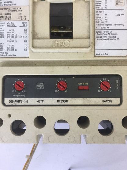 CUTLER HAMMER CIRCUIT BREAKER KD4400F 400A 4P 600VAC 250VDC KT3300T SNT3P11K