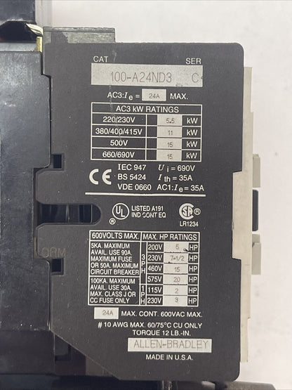 ALLEN BRADLEY STARTER 100-A24ND3 SER C CONTACTOR 600VAC 24A 20HP COIL 120V 60HZ