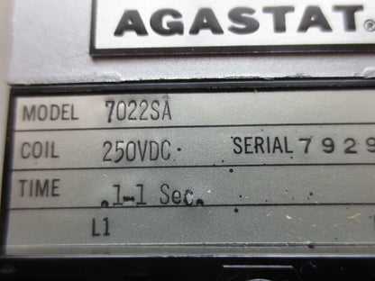 AGASTAT / TE CONNECTIVITY 7022SA ELECTROPNEUMATIC TIMING RELAY .1 to 1 SECOND
