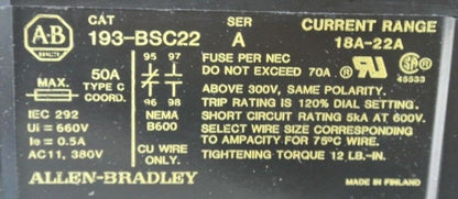 ALLEN-BRADLEY 193-BSC22 BIMETALLIC OVERLOAD RELAY 18A-22A - NEW SURPLUS
