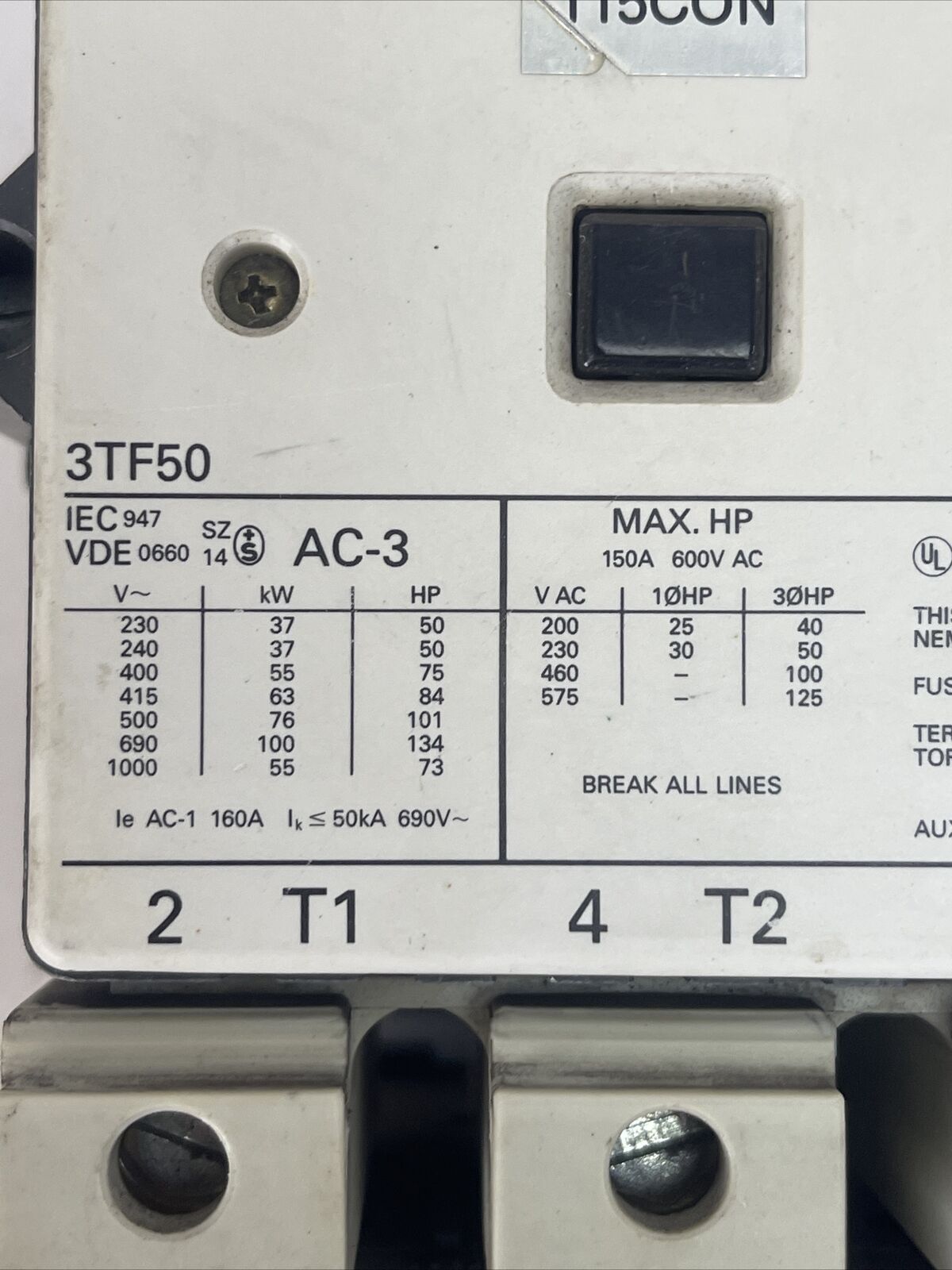 SIMENS STARTER (3TF50 CONTACTOR 150A 600VAC 125HP 3UA60 RELAY 80-110A)