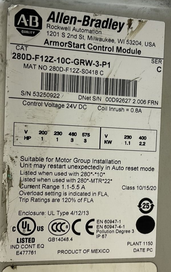 ALLEN BRADLEY 280D-FN-10-R SER C ARMORSTART BASE 280D-F12Z-10C-GRW-3-P1 CONTROL