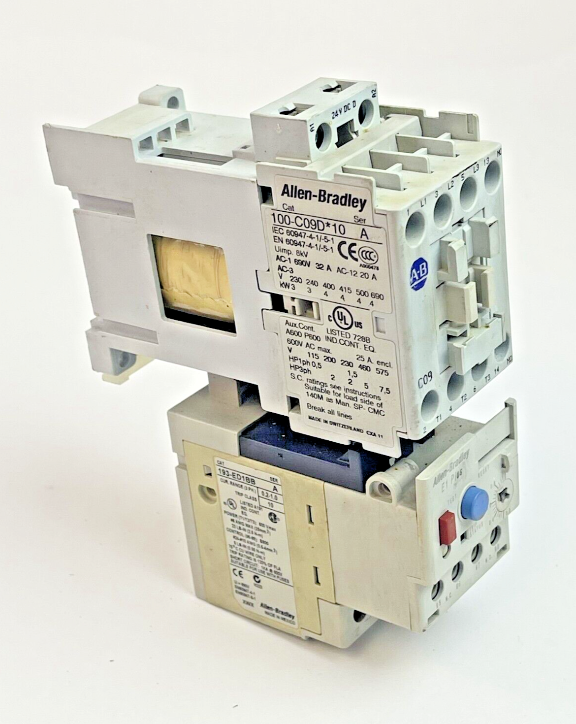 ALLEN-BRADLEY 100-C09D*10 SER. A CONTACTOR W 24VDC COIL & 193-ED1BB RLY SER. A