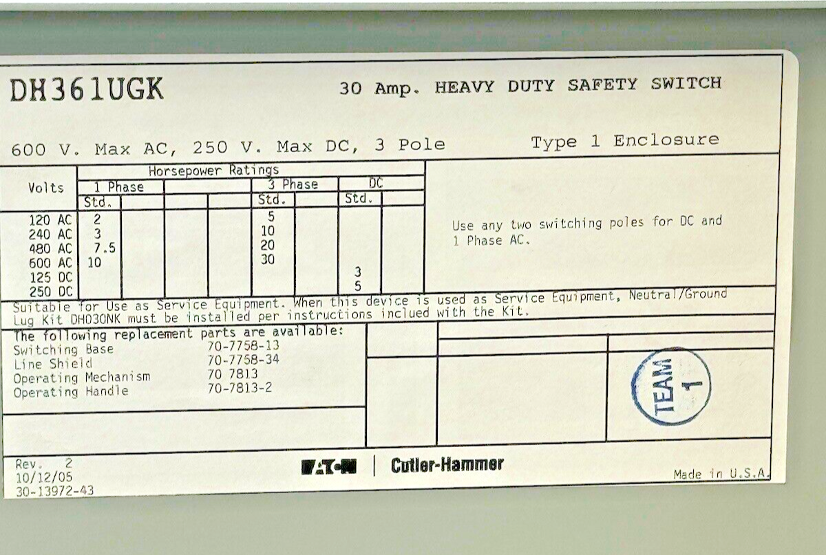 EATON / CH - DH361UGK - HD SAFETY SWITCH - 30A/ 600VAC/250DC / 3 POLE/ TYPE 1