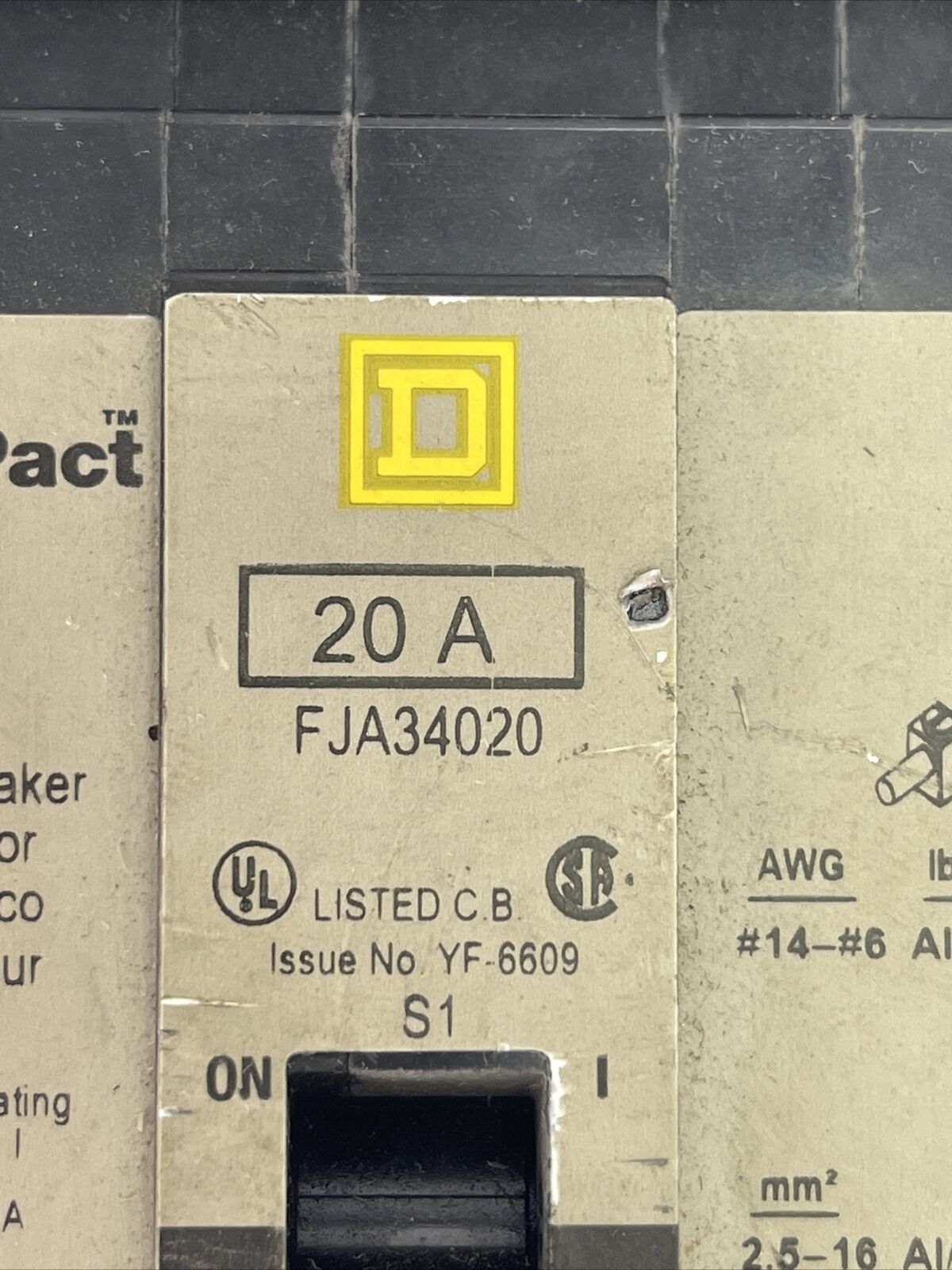 SQUARE D FJA34020 POWERPACT CIRCUIT BREAKER 20A 240VAC 480Y/277VAC