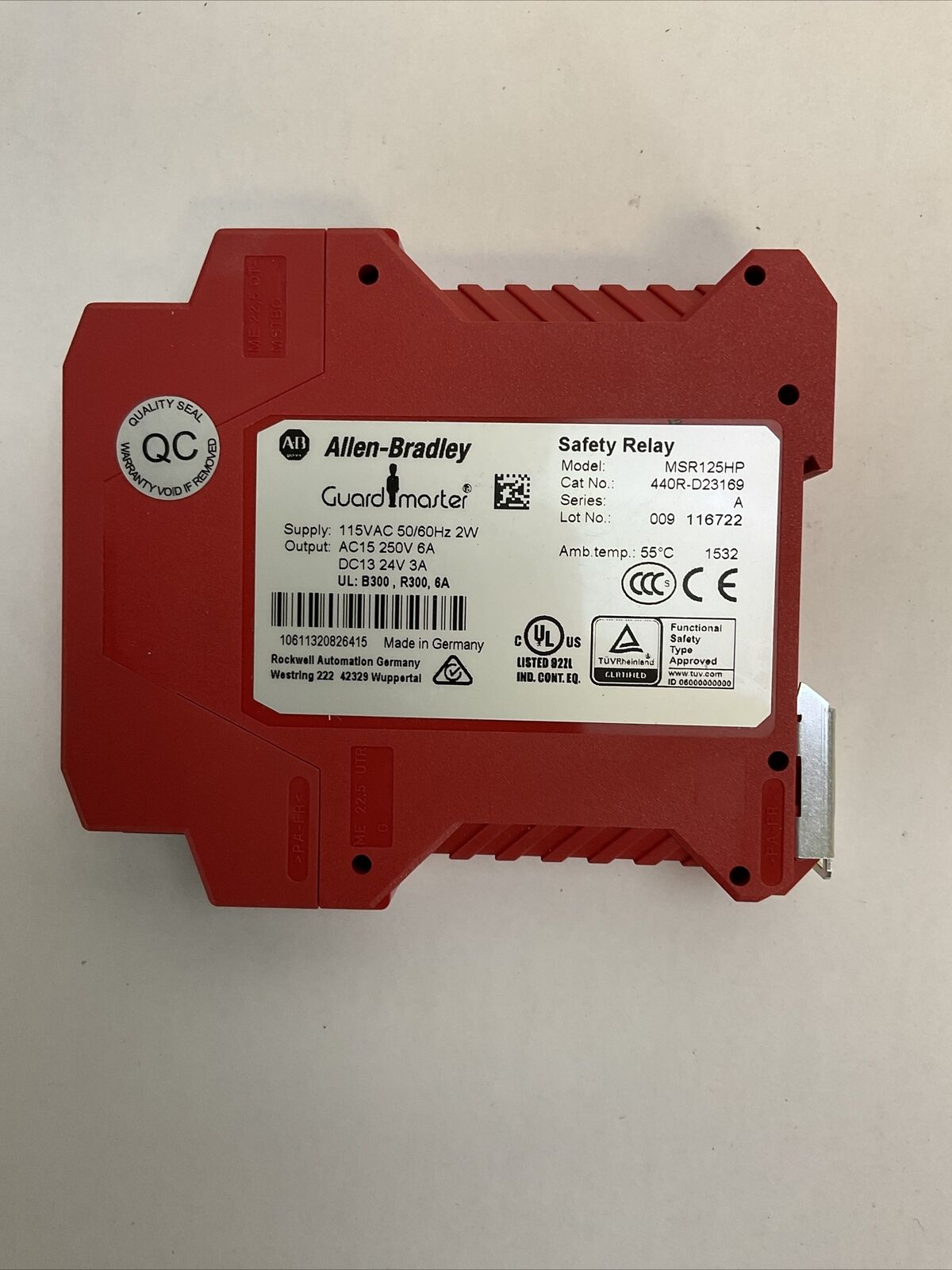 ALLEN BRADLEY 440R-D23169 MSR125HP SAFETY RELAY SER A OUTPUT AC15 250V 6A DC13
