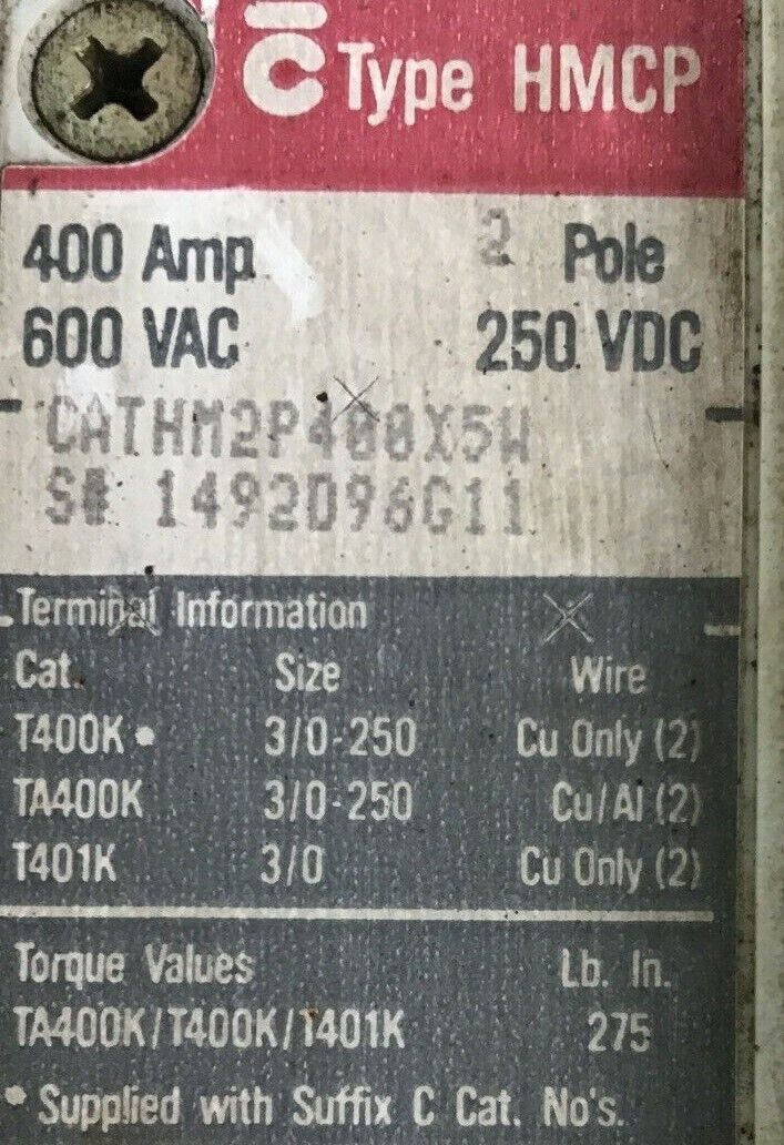 WESTINGHOUSE HM2P400X5W CIRCUIT BREAKER 400A 600VAC 250VDC TYPE HMCP