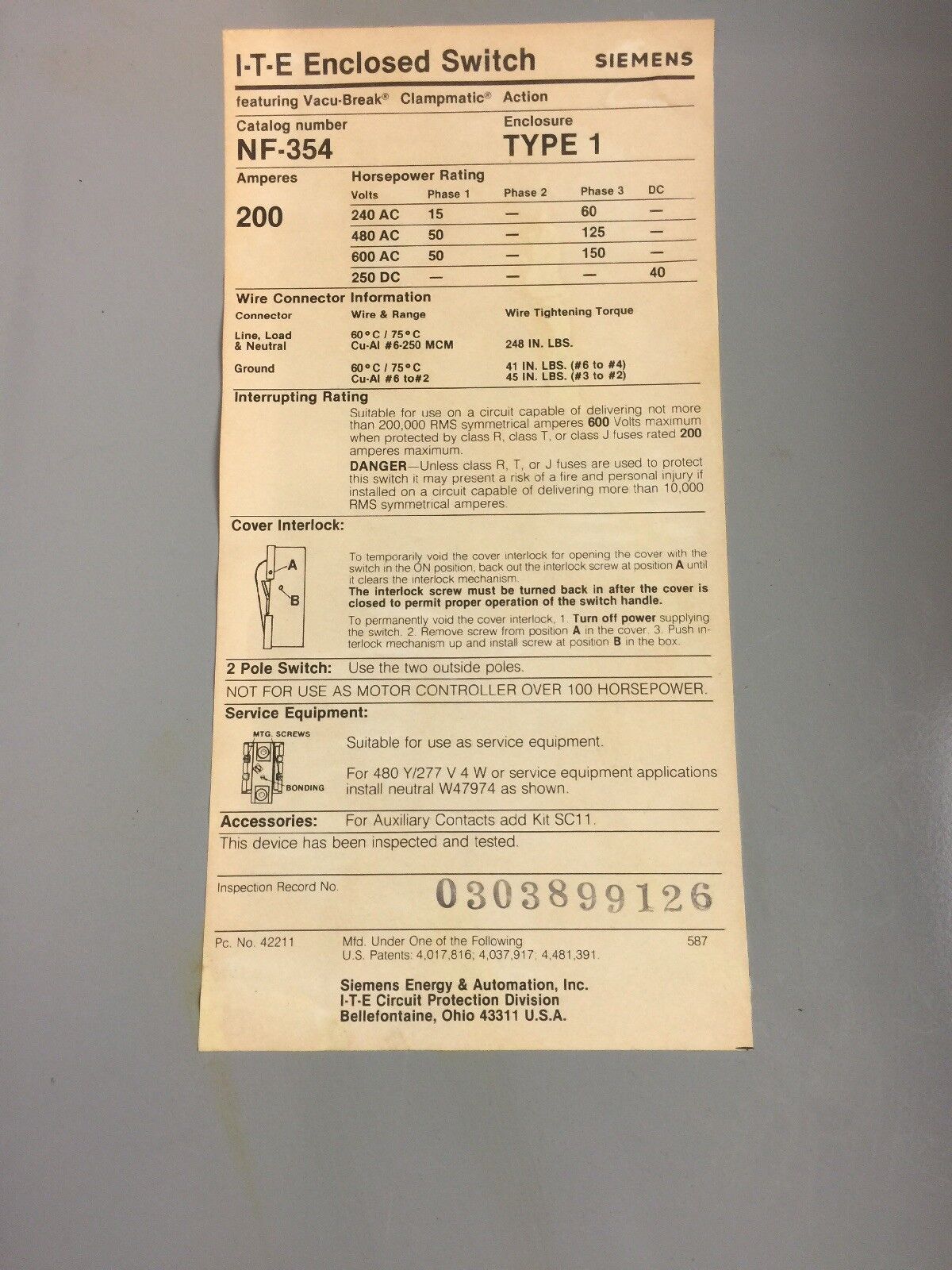 ITE NF354 VACU-BREAK SWITCH WITH CLAMPMATIC CONTACTS 200 AMP 600 VAC