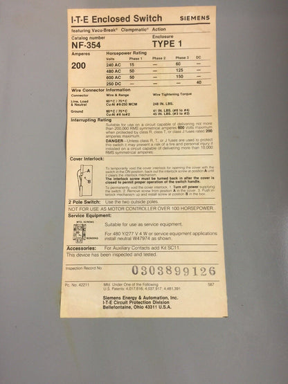 ITE NF354 VACU-BREAK SWITCH WITH CLAMPMATIC CONTACTS 200 AMP 600 VAC