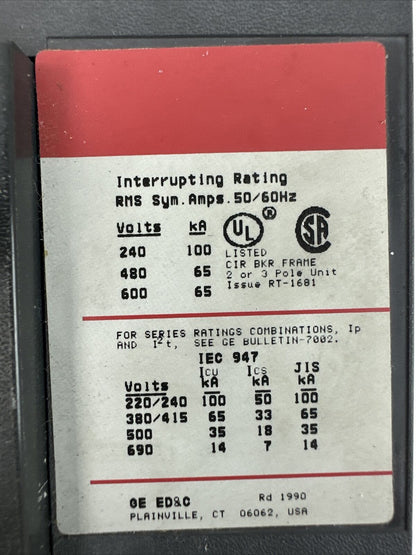 GE SGLB36BA0400 CURRENT LIMITING CIRCUIT BREAKER 400AMP 600VAC TRIP PLUG 300A