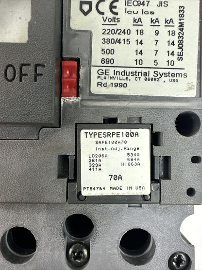 GE SEDA36AT0100 INDUSTRIAL CIRCUIT BREAKER 100A 600VAC 3P TYPESRPE100A 70A TRIP