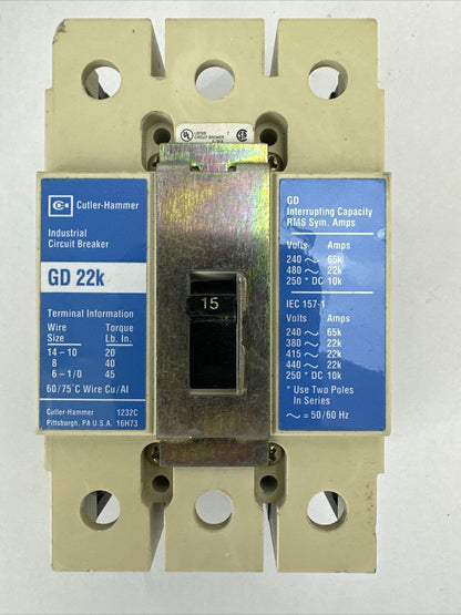 CUTLER HAMMER GD3015 CIRCUIT BREAKER 15A 480VAC 250VDC 3P GD 22K