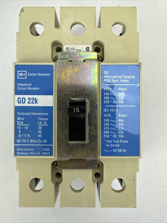 CUTLER HAMMER GD3015 CIRCUIT BREAKER 15A 480VAC 250VDC 3P GD 22K