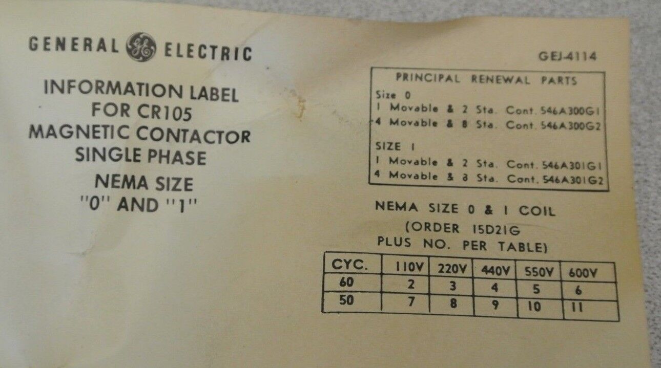 GENERAL ELECTRIC CR105J0 MAGNETIC CONTACTOR / 380V 50Hz, 440V 60Hz / NEW SURPLUS