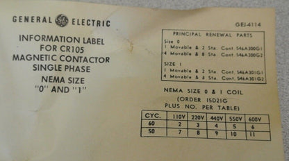 GENERAL ELECTRIC CR105J0 MAGNETIC CONTACTOR / 380V 50Hz, 440V 60Hz / NEW SURPLUS
