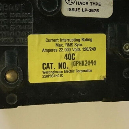WESTINGHOUSE QPHW2040 CIRCUIT BREAKER 120/240VAC 2POLE  QUICKLAG