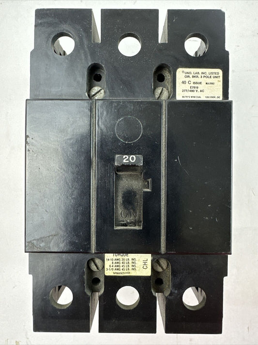CHALLENGER CHL3020 20AMP 277/480VAC 240VAC 125/250VDC 3POLE CIRCUIT BREAKER