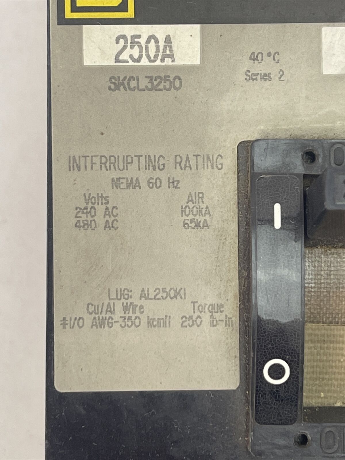 SQUARE D SKCL3250 THERMAL-MAGNETIC CIRCUIT BREAKER 250A 480VAC 3POLE SERIES 2