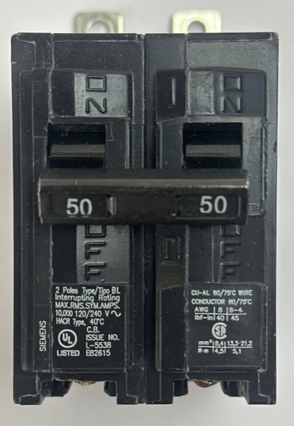 SIEMENS B250 CIRCUIT BREAKER 2POLE 50AMP 120/240VAC TYPE BL