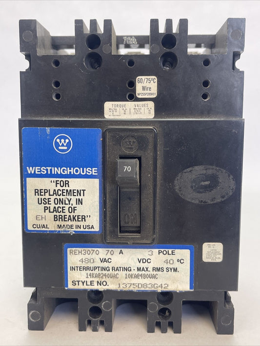 WESTINGHOUSE REH3070 CIRCUIT BREAKER 70AMP 480VAC 3POLE 1375D83G42