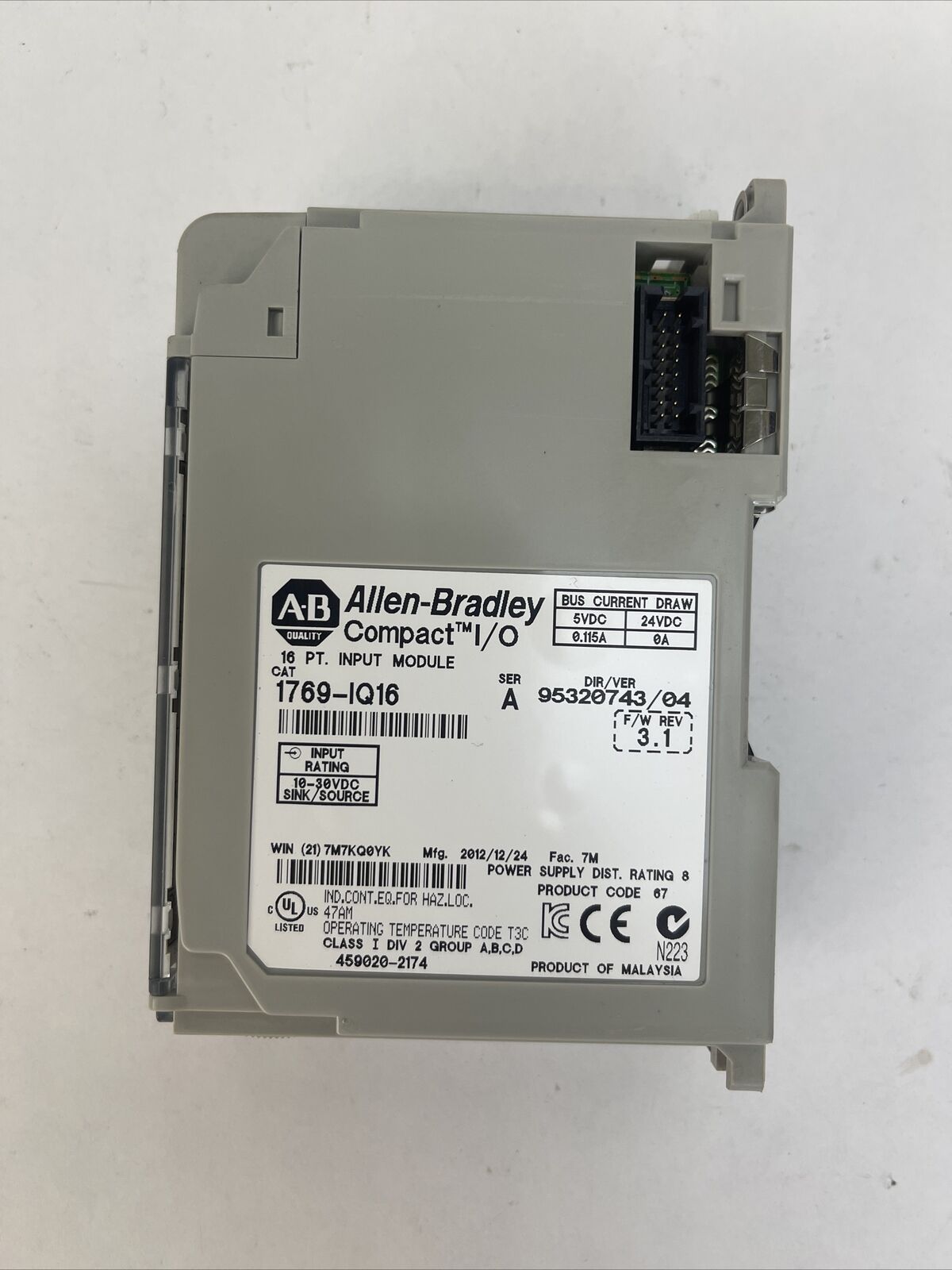 ALLEN BRADLEY 1769-IQ16 SER A F/W REV 3.1 DIR/VER 95320743/04 COMPACT I/O 16PT