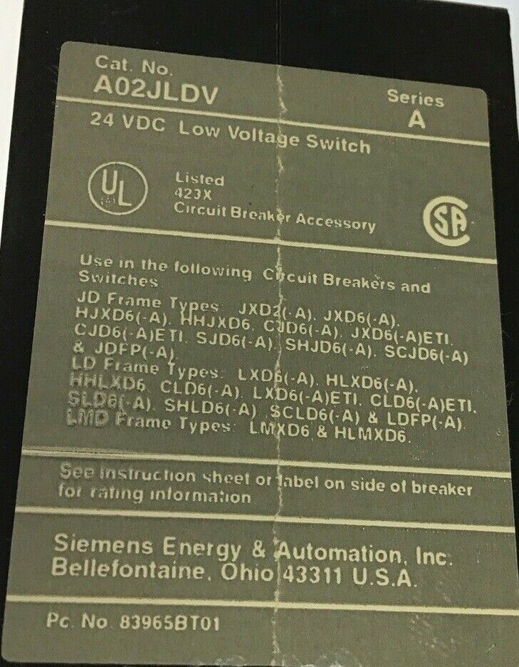 ITE AO2JLDV AUXILIARY SWITCH 24VDC LOW VOLTAGE SWITCH SER.A