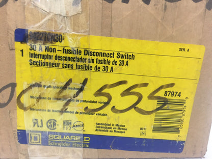 SQUARE D 9422TCN30 30A NON-FUSIBLE DISCONNECT SWITCH 600V AC/DC 9422A1