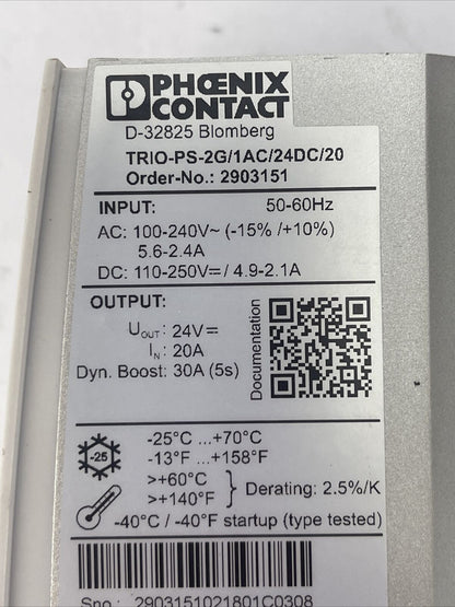 PHOENIX CONTACT TRIO-PS-2G/1AC/24DC/20 POWER SUPPLY OUTPUT 24VDC 20A INPUT