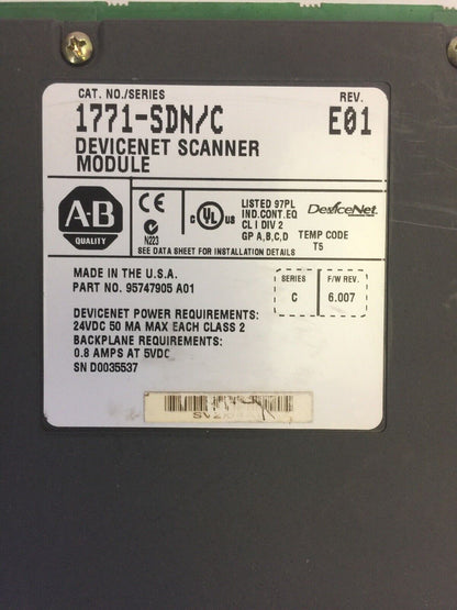 ALLEN BRADLEY 1771-SDN/C DEVICENET SCANNER MODULE REV E01