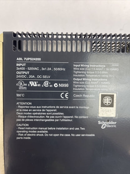 TELEMECANIQUE ABL 7UPS24200 POWER SUPPLY OUTPUT 24VDC 20A INPUT 3X400-520VAC