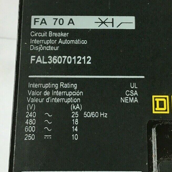 SQUARE D FAL360701212 70A CIRCUIT BREAKER 600VAC 250VDC