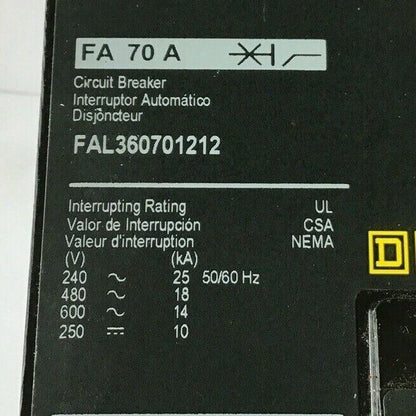 SQUARE D FAL360701212 70A CIRCUIT BREAKER 600VAC 250VDC