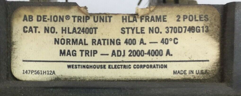 WESTINGHOUSE HLA2400T AB DE-ION TRIP UNIT 400AMP 2POLE MAG TRIP ADJ 2000-4000A