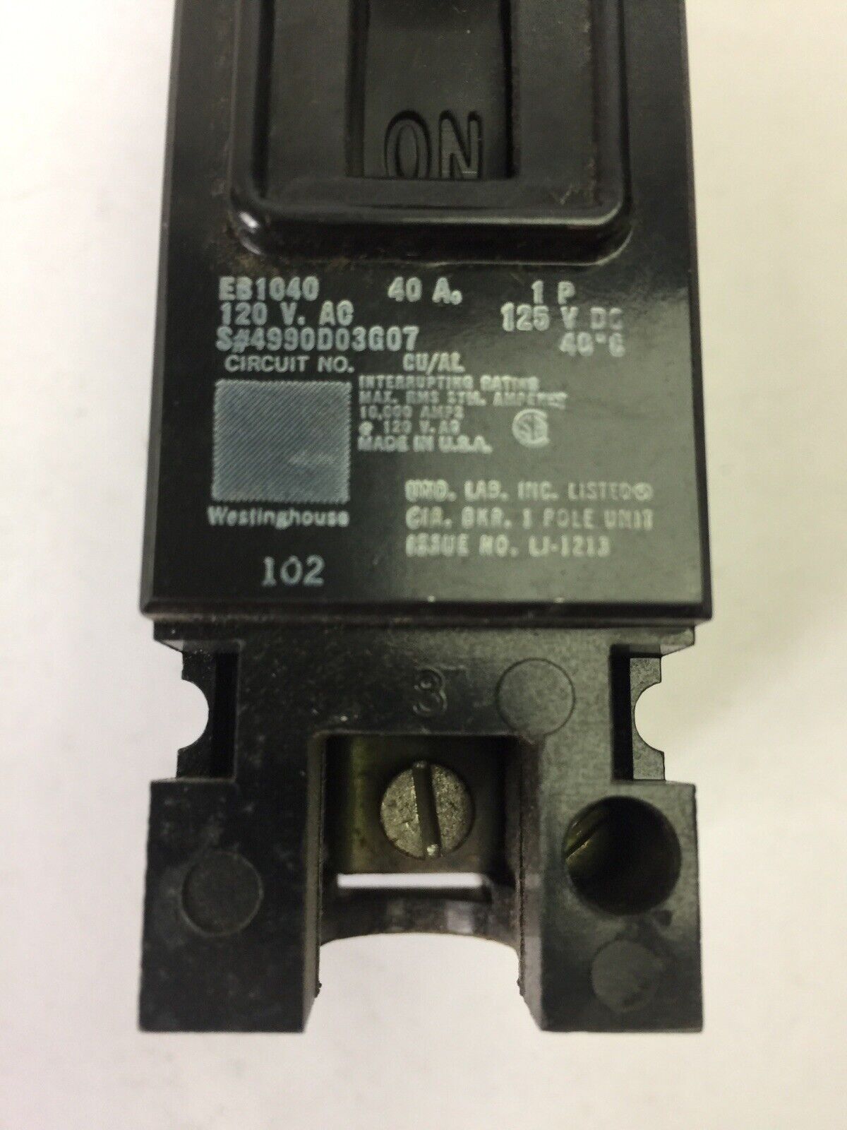 WESTINGHOUSE EB1040 CIRCUIT BREAKER 40AMP 1POLE 120/240VAC 125VDC 4990D03G07