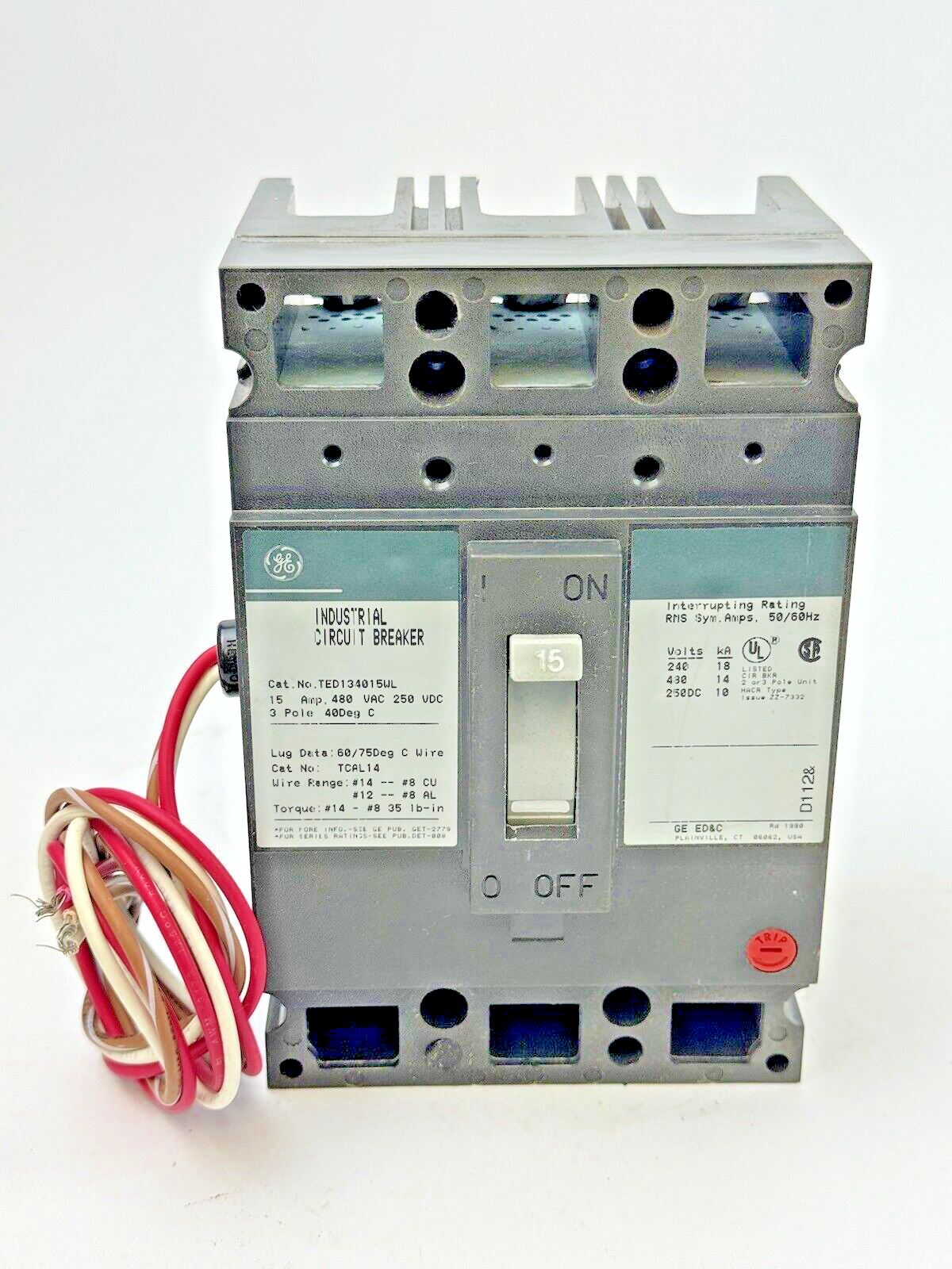 GE - TED134015 - IND. CIRCUIT BREAKER W/ AUX SWITCH - 15A, 480 VDC, 3 POLE - NEW