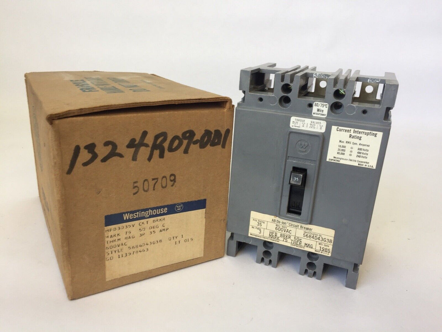 WESTINGHOUSE HFB3035V AB DE-ION CIRCUIT BREAKER 35AMP 600VAC 3POLE 5684D43G38