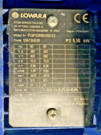 LOWARA PLM132RB5/355 E3 PUMP 60 HZ60 3500MIN 33SV01G0556T/D 380-400