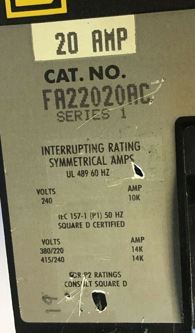 SQUARE D 20AMP 240VAC 250VDC CIRCUIT BREAKER FA22020AC GREY LABEL 60HZ