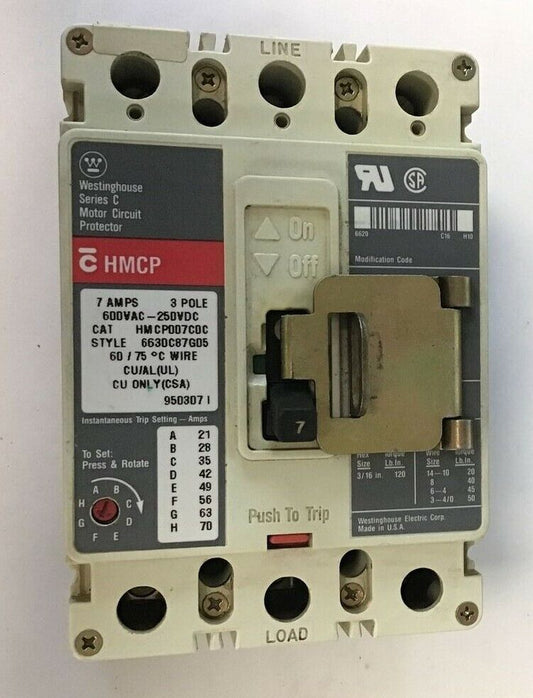 WESTINGHOUSE HMCP007CDC CIRCUIT BREAKER 7AMP 3POLE SER.C 600VAC 250VDC