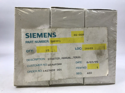 SIEMENS SMF FF1 MANUEL STARTER,1P TOGGLE, 277V/1HP, 230VDC/.75HP, NEW (LOT OF 3)