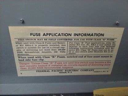 FPE RH1632R FUSIBLE SAFETY SWITCH 3P, 60A, 240VAC,4 WIRE,3 BLADES,15HP RAINPROOF