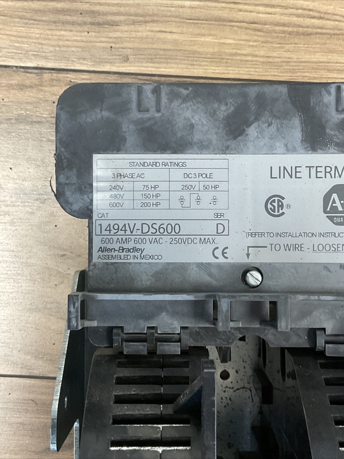 ALLEN BRADLEY 1494V-DS600 SER D DISCONNECT SWITCH 600A 600VAC 500HP 250VDC  50HP