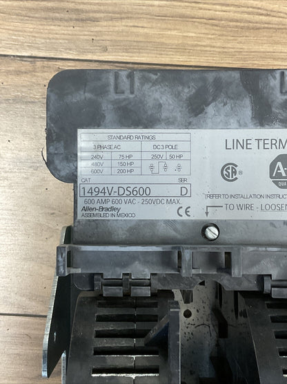 ALLEN BRADLEY 1494V-DS600 SER D DISCONNECT SWITCH 600A 600VAC 500HP 250VDC  50HP