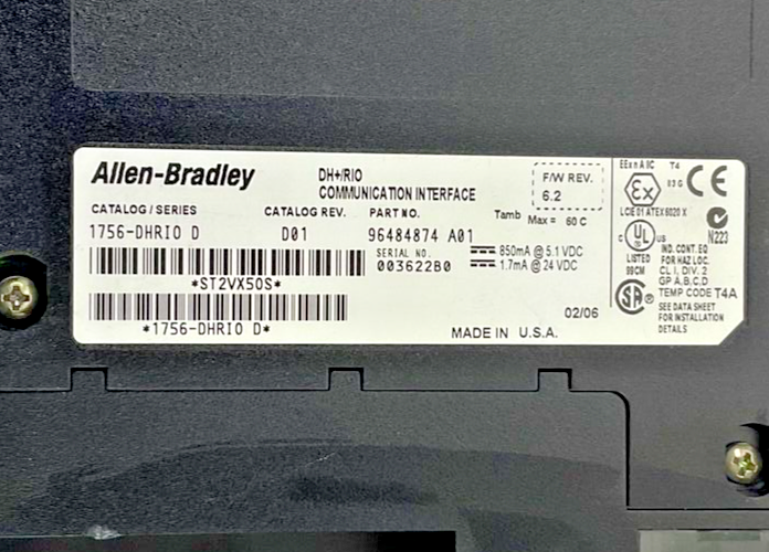 ALLEN BRADLEY 1756-DHRIO COMMUNICATION INTERFACE CAT.REV.D01 FWREV.6.2 24VDC