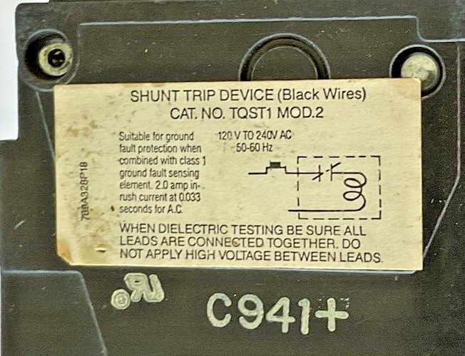 GE TQST1 MOD.2 CIRCUIT BREAKER SHUNT TRIP 120-240VAC 50-60HZ 15A