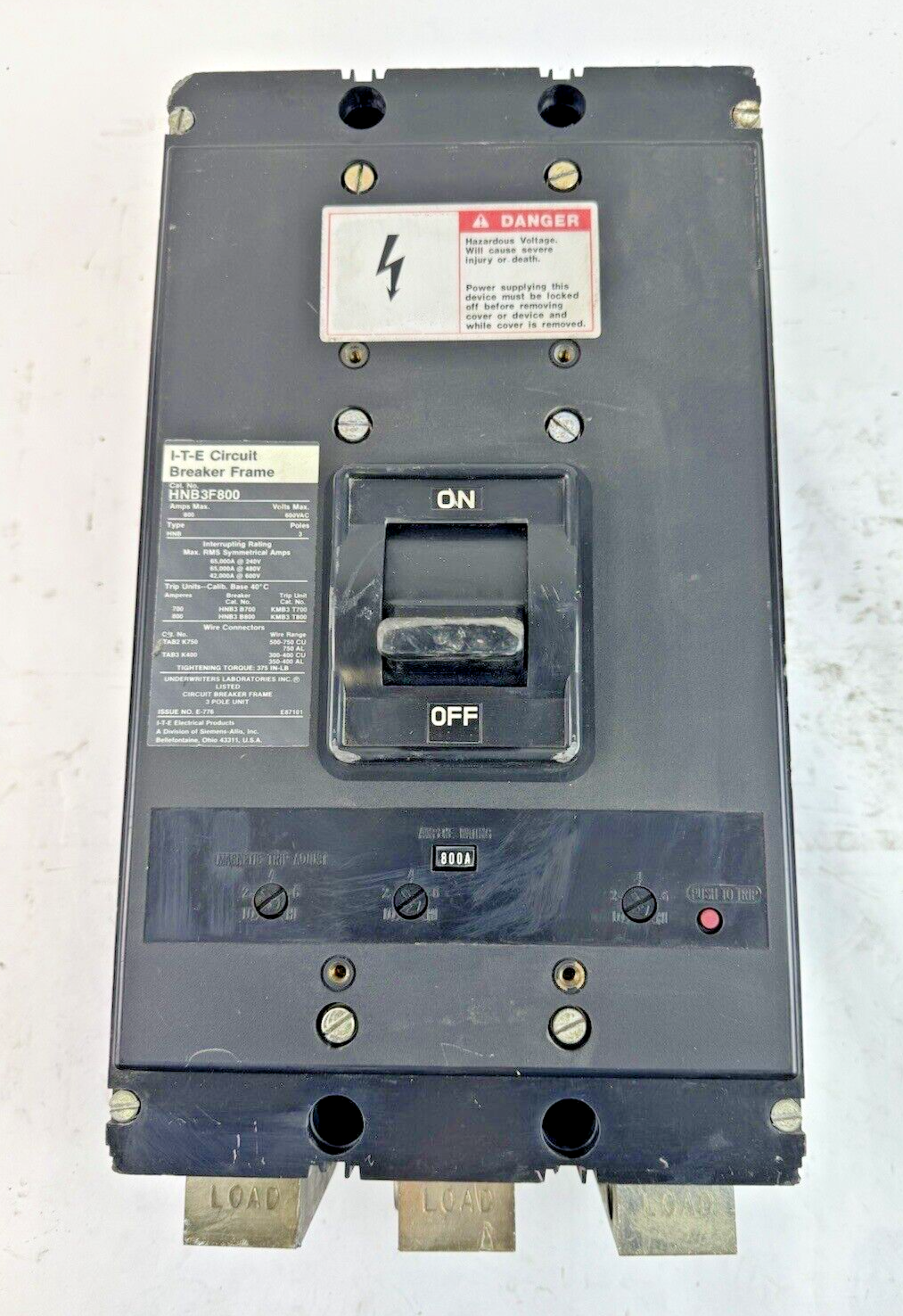 ITE - HNB3F800 - MAGNETIC CIRCUIT BREAKER W/ 800 A TRIP - 800 AMP/3 POLE/600 VAC