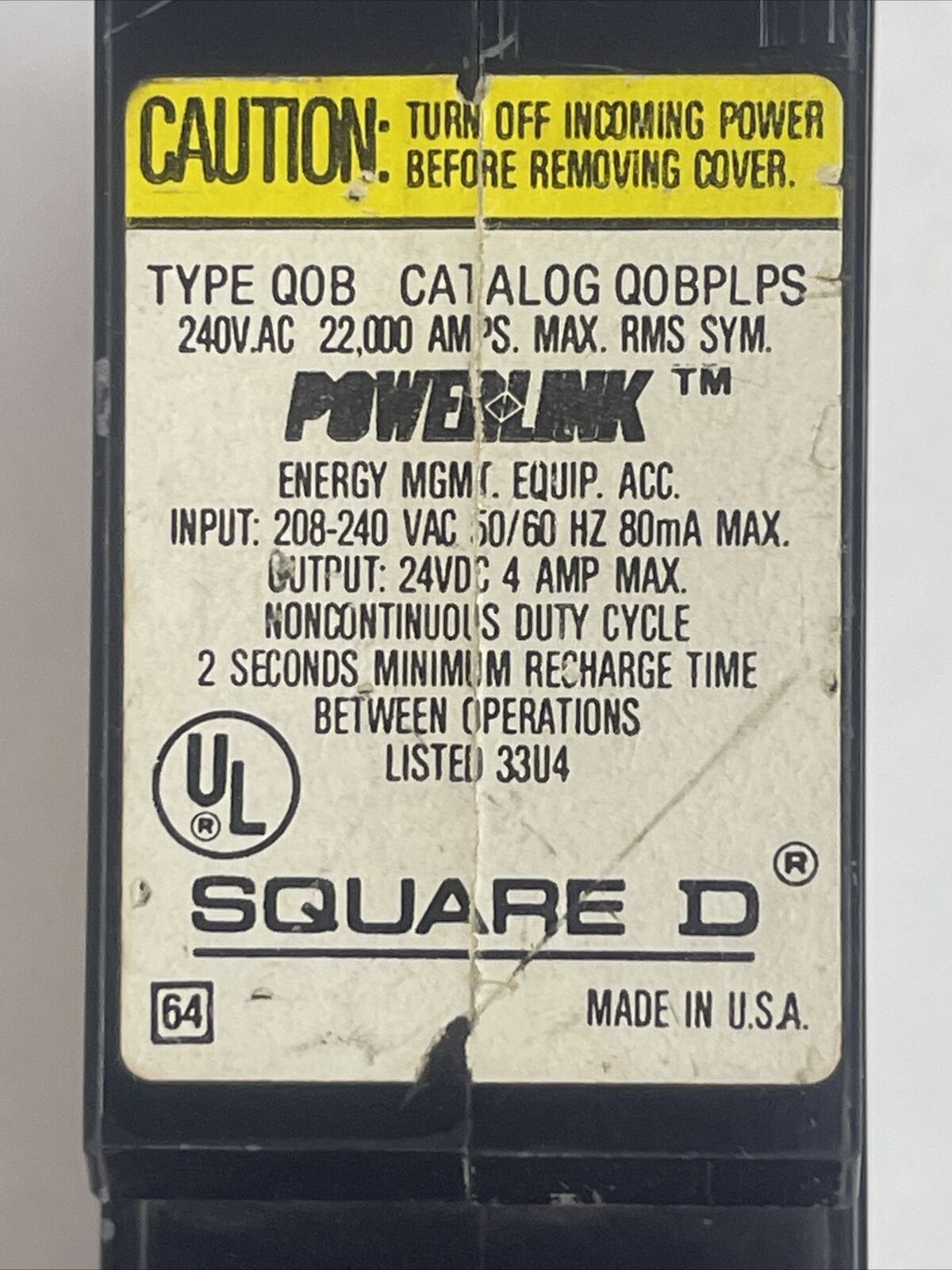 SQUARE D QOBPLPS POWER LINK POWER SUPPLY INPUT 208-240VAC OUTPUT 24VDC 4AMP