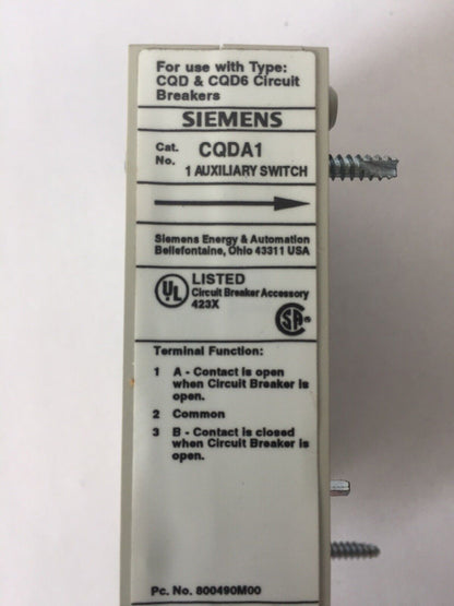 SIEMENS CQDA1 AUXILIARY SWITCH 250 VDC 60HZ 15 AMP