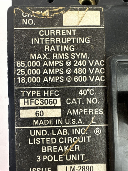 CUTLER HAMMER HFC3060 CIRCUIT BREAKER 60AMP 3POLE 240/480/600VAC