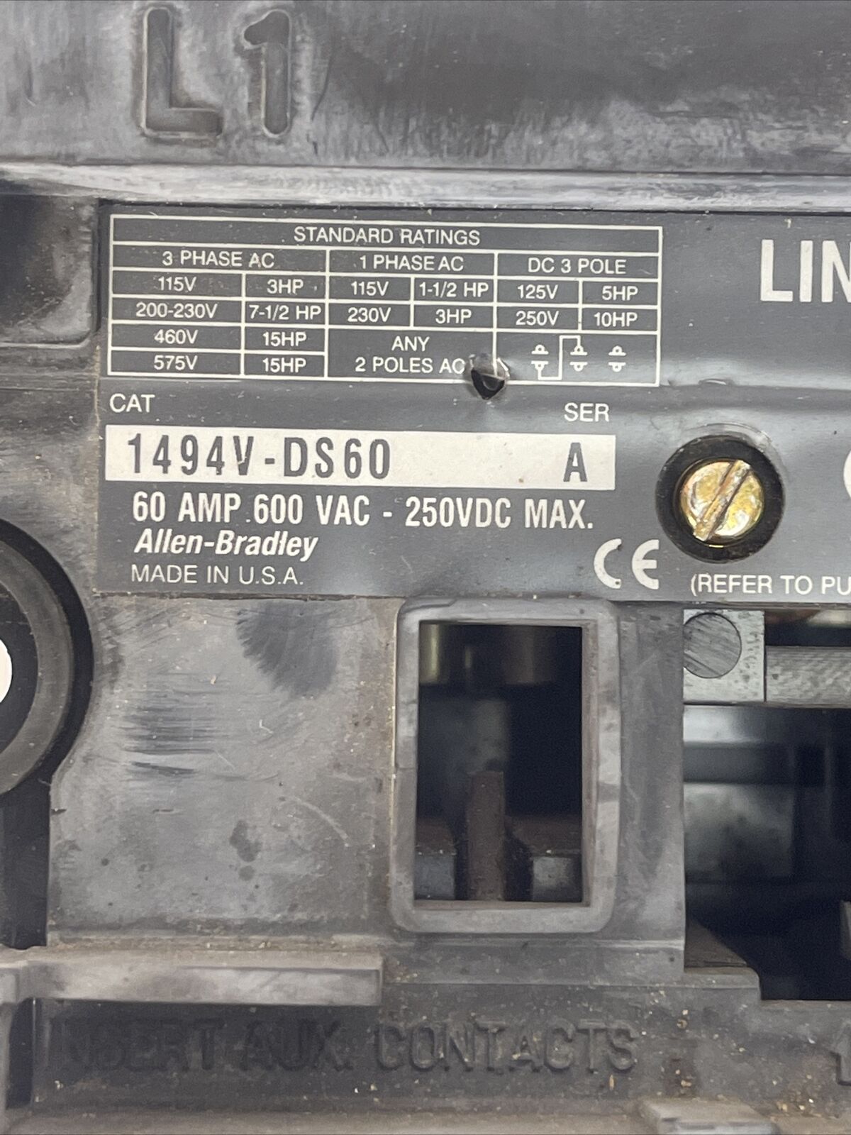 ALLEN BRADLEY 1494V-DS60 DISCONNECT SWITCH 60A 600VAC 250VDC 50HP FRS-R-60 FUSES
